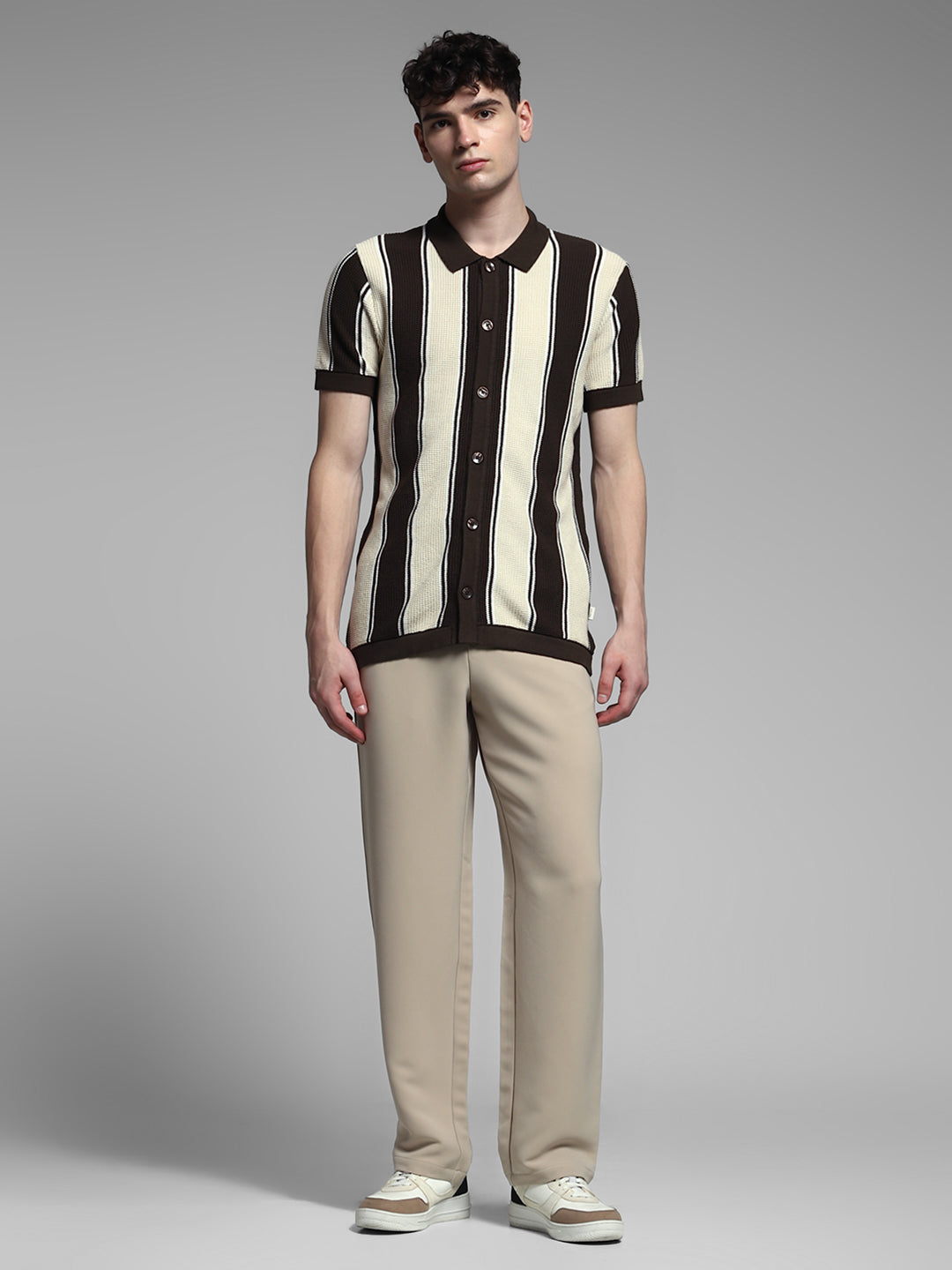 Men Cotton Striped Slim Fit Knitted Polo T-Shirt In Brown