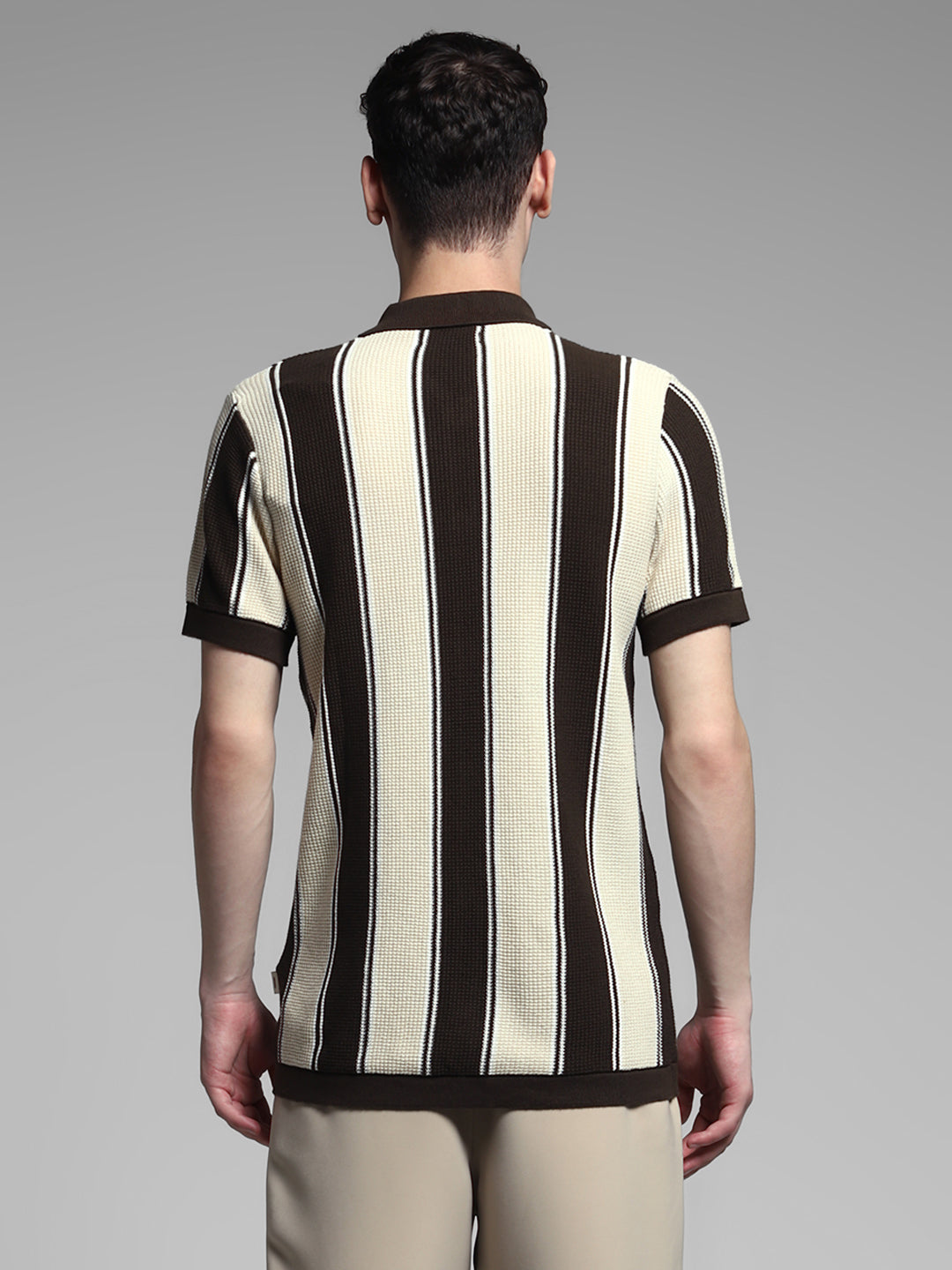 Men Cotton Striped Slim Fit Knitted Polo T-Shirt In Brown