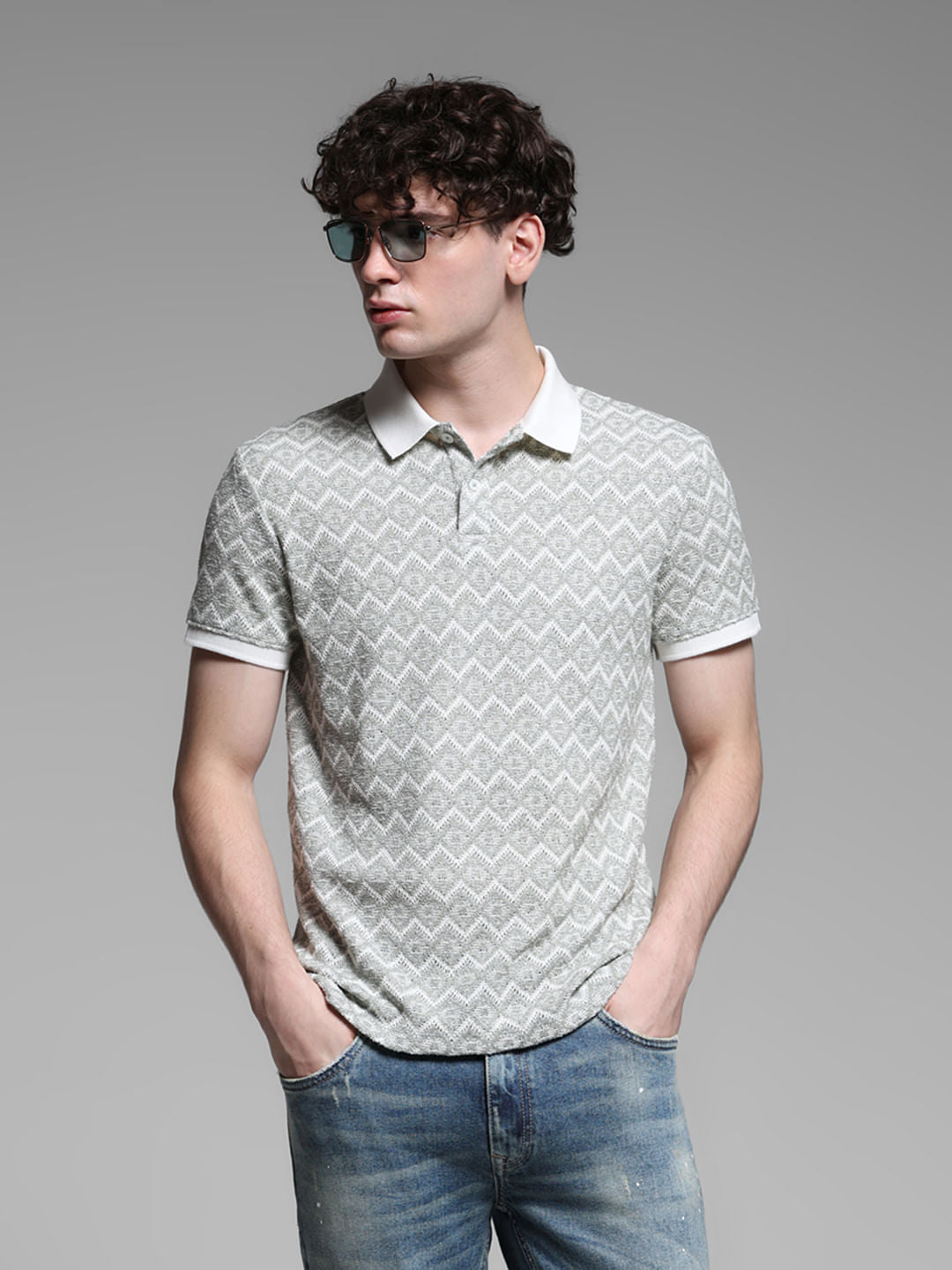 GREEN GEOMATRIC PRINT POLO - S