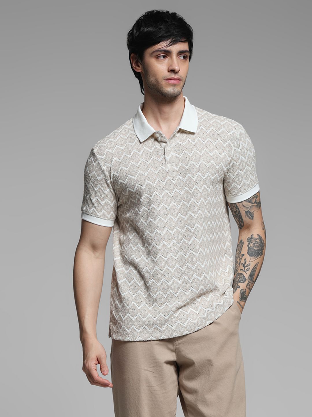 LIGHT BROWN GEOMATRIC PRINT POLO