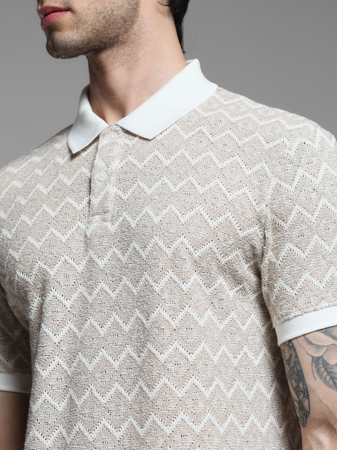 LIGHT BROWN GEOMATRIC PRINT POLO