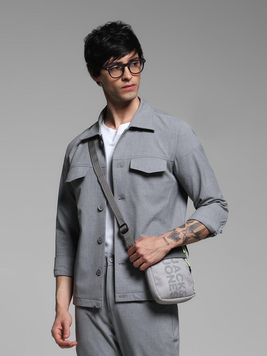 Men Solid Grey Slim Fit Shacket Style Windcheater Jacket - 46
