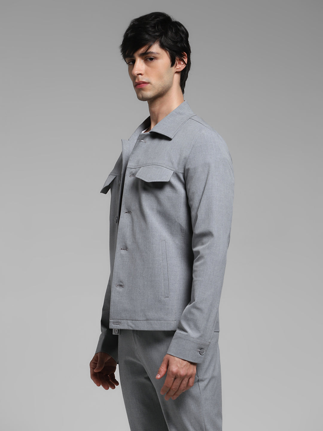 Men Solid Grey Slim Fit Shacket Style Windcheater Jacket