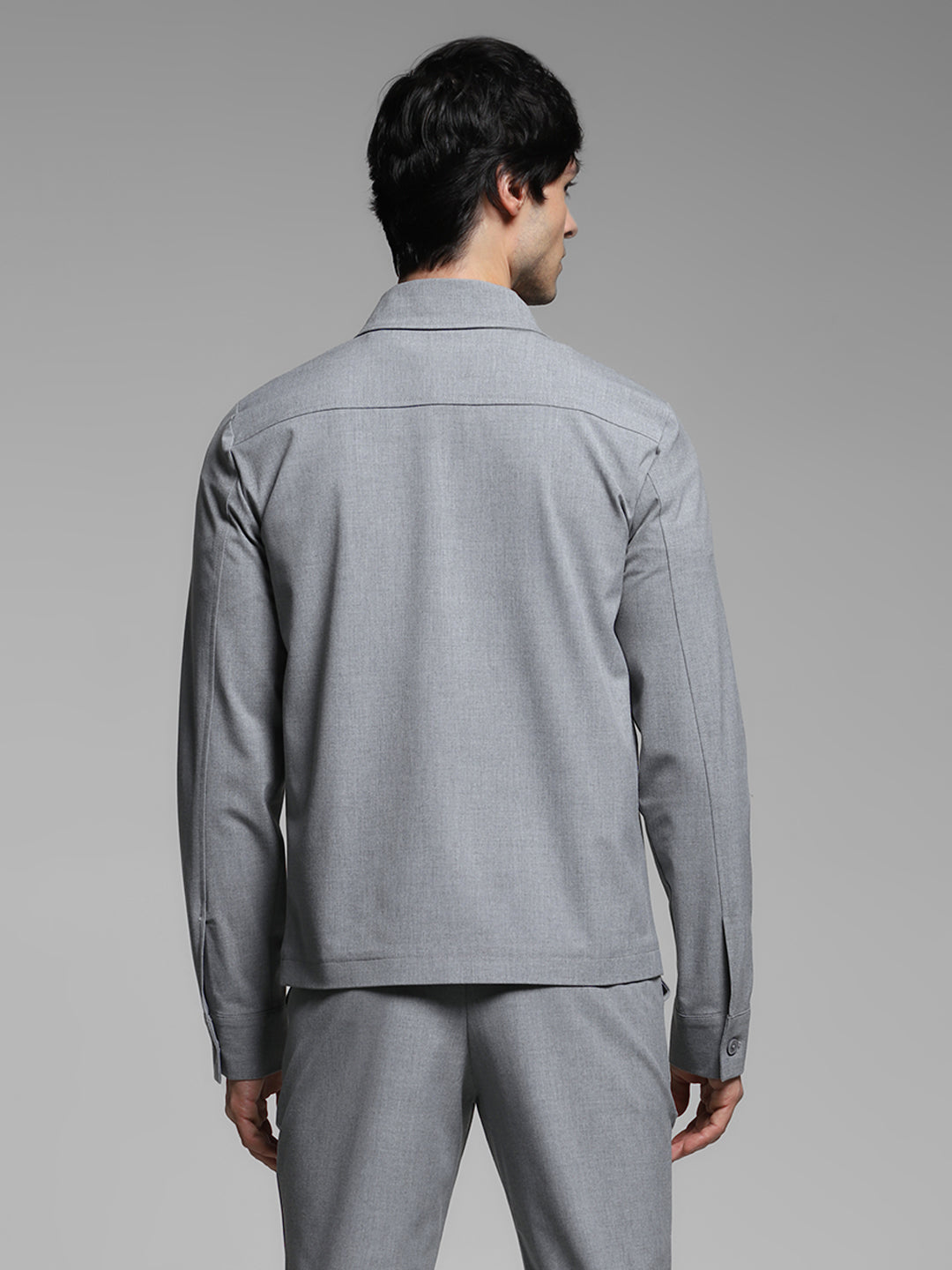 Men Solid Grey Slim Fit Shacket Style Windcheater Jacket