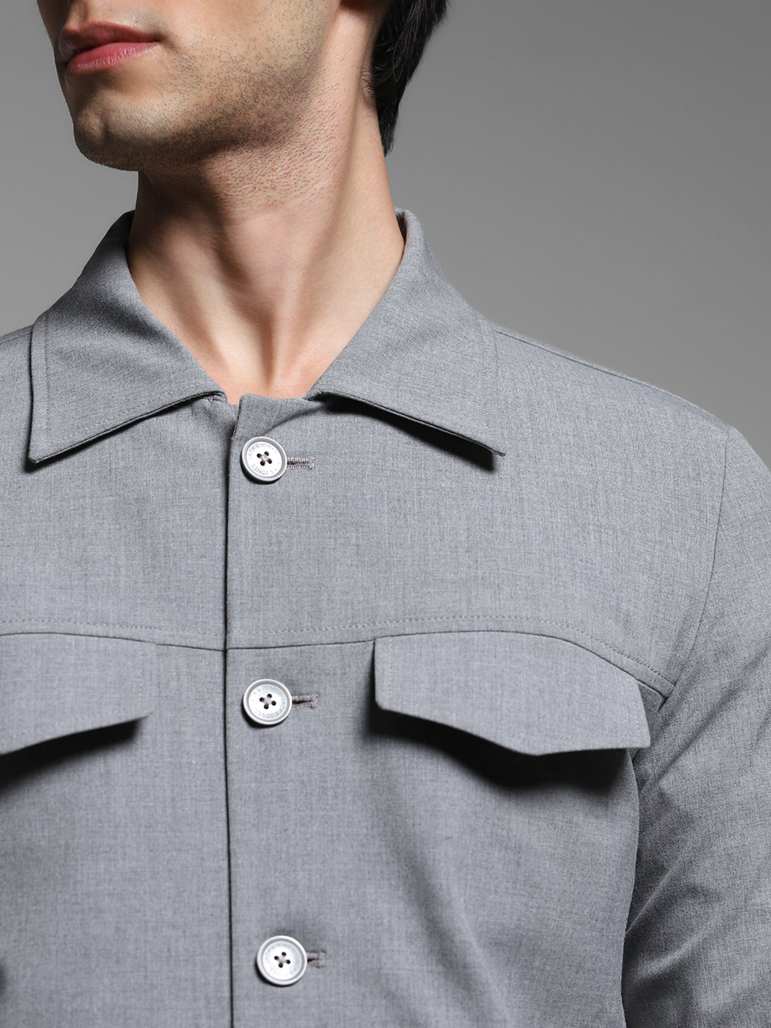 Men Solid Grey Slim Fit Shacket Style Windcheater Jacket