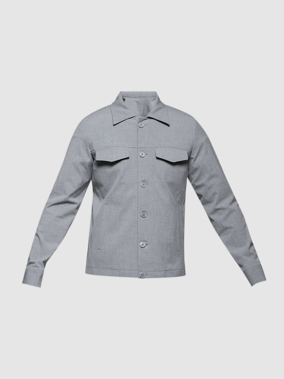 Men Solid Grey Slim Fit Shacket Style Windcheater Jacket