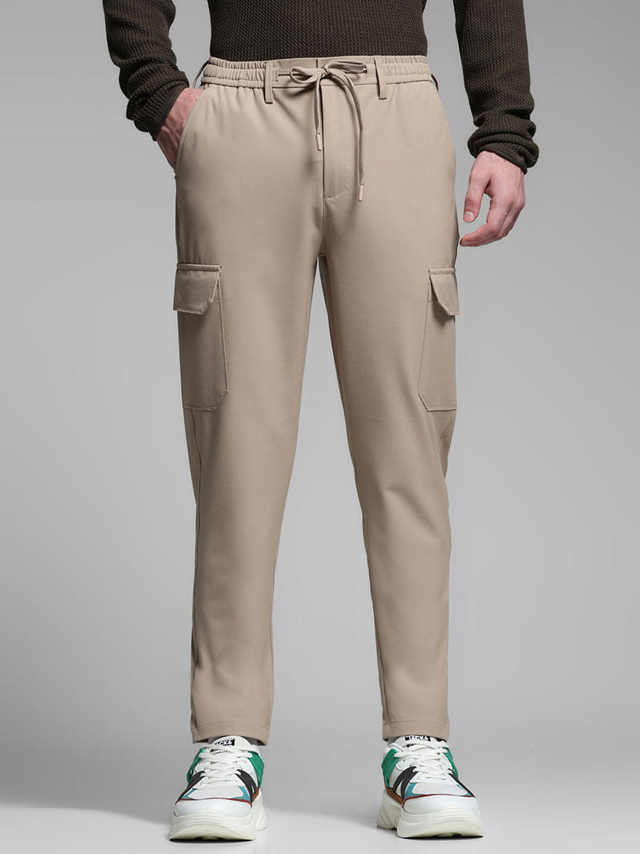 Beige Mid Rise Cargo Pants