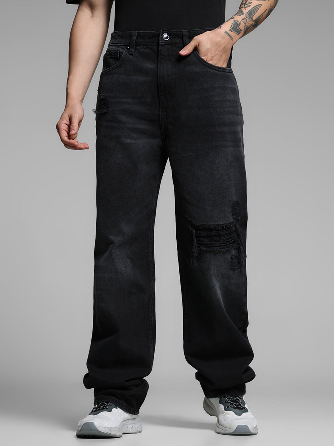 Black High Rise Distressed Dario Loose Fit Jeans - 34/32