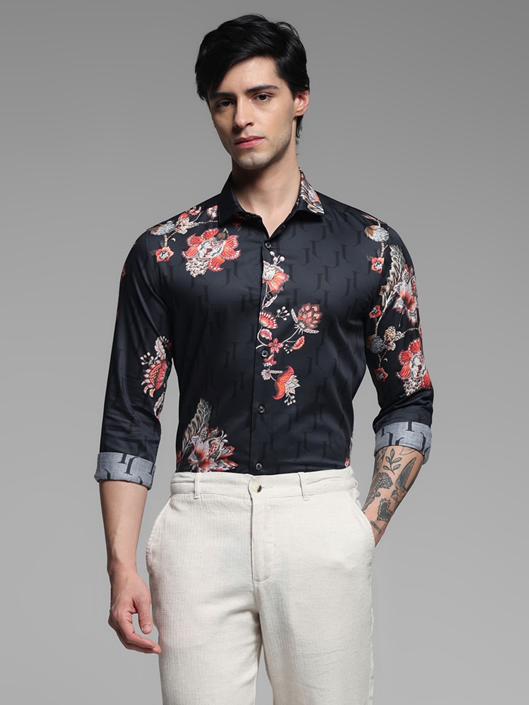 JET BLACK FLORAL FULL SLEEVE SHIRT