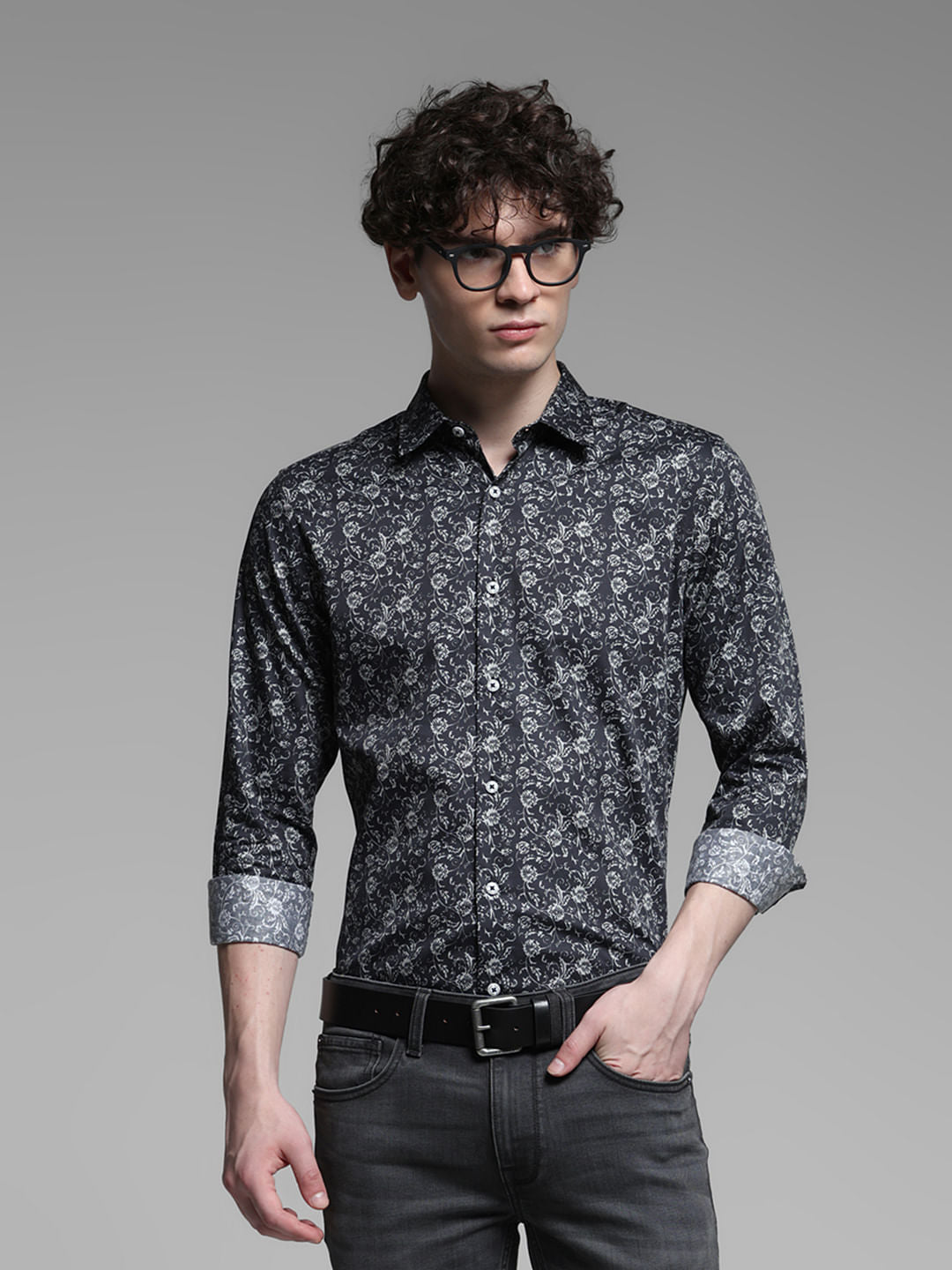 Black Floral Cotton Full Sleeves Shirt - XL