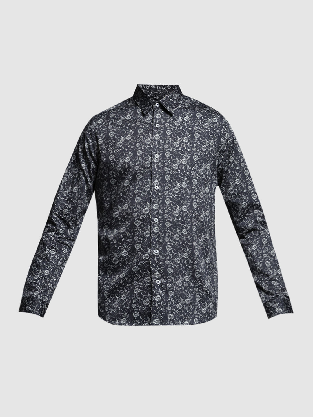 Black Floral Cotton Full Sleeves Shirt