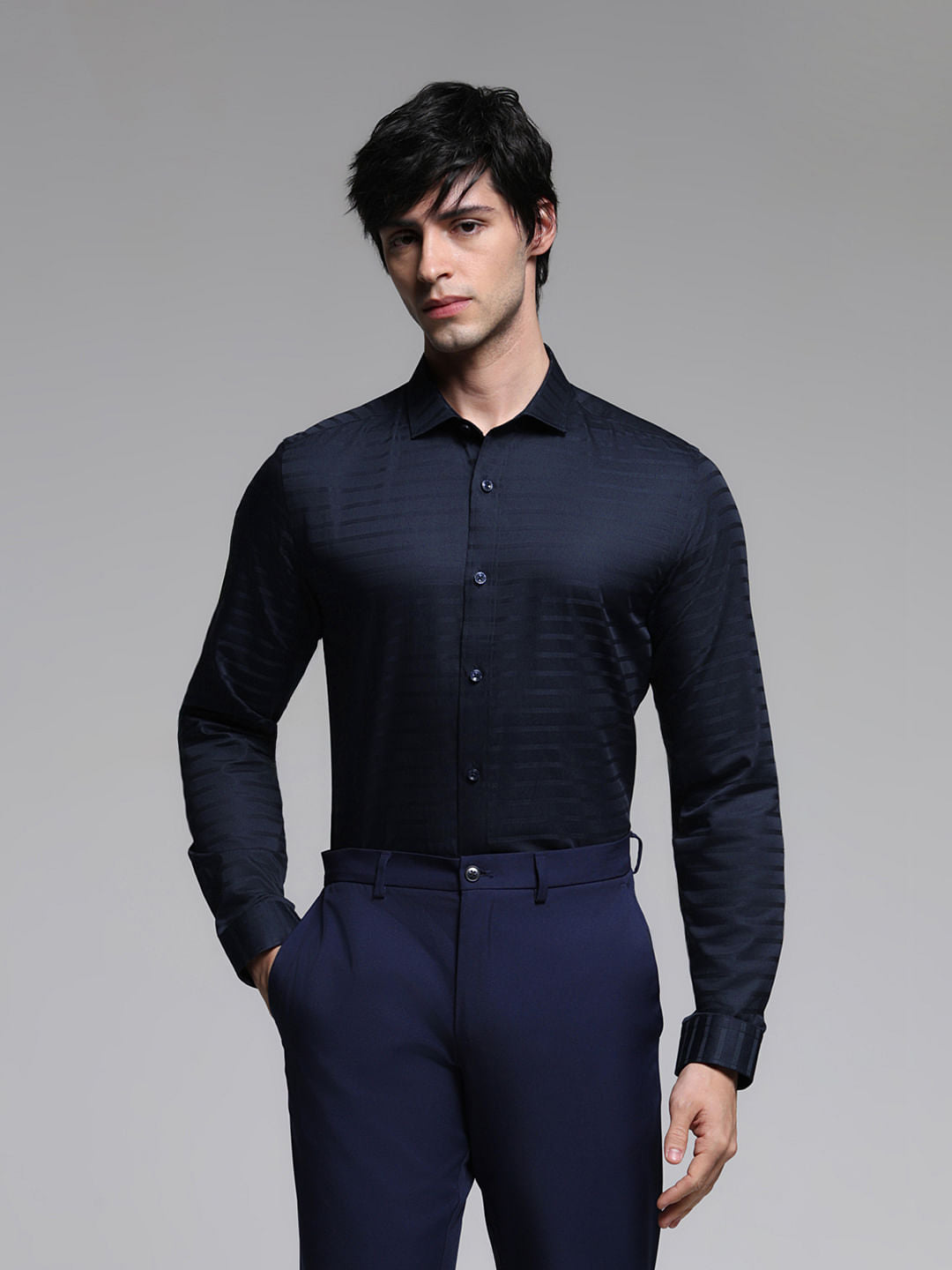 Dark Blue Striped Dobby Full Sleeves Shirt - XXL