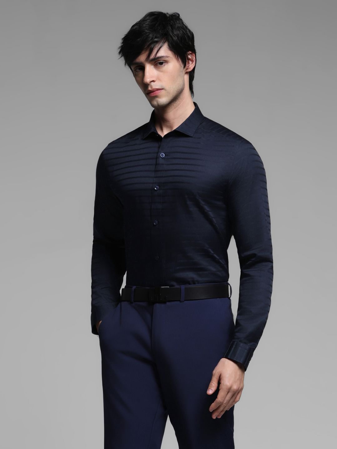 Dark Blue Striped Dobby Full Sleeves Shirt