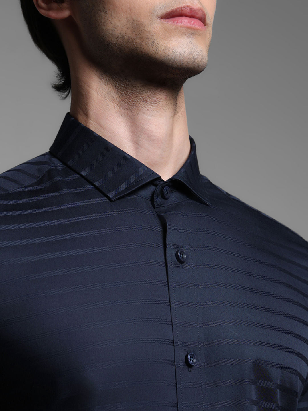 Dark Blue Striped Dobby Full Sleeves Shirt