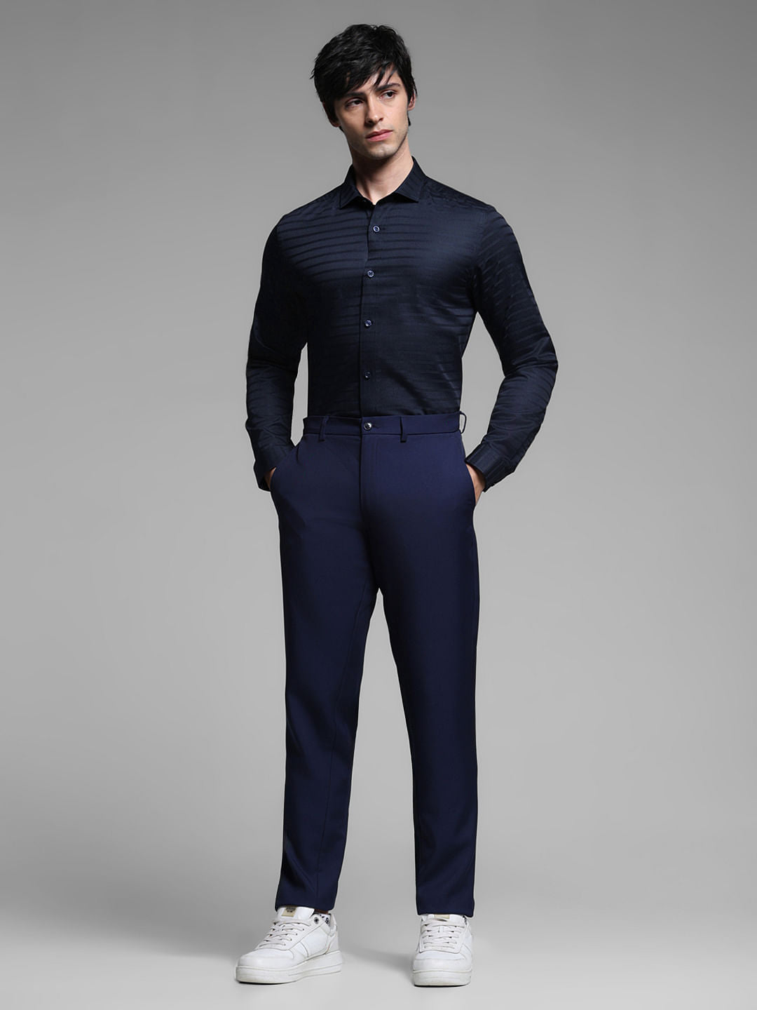 Dark Blue Striped Dobby Full Sleeves Shirt