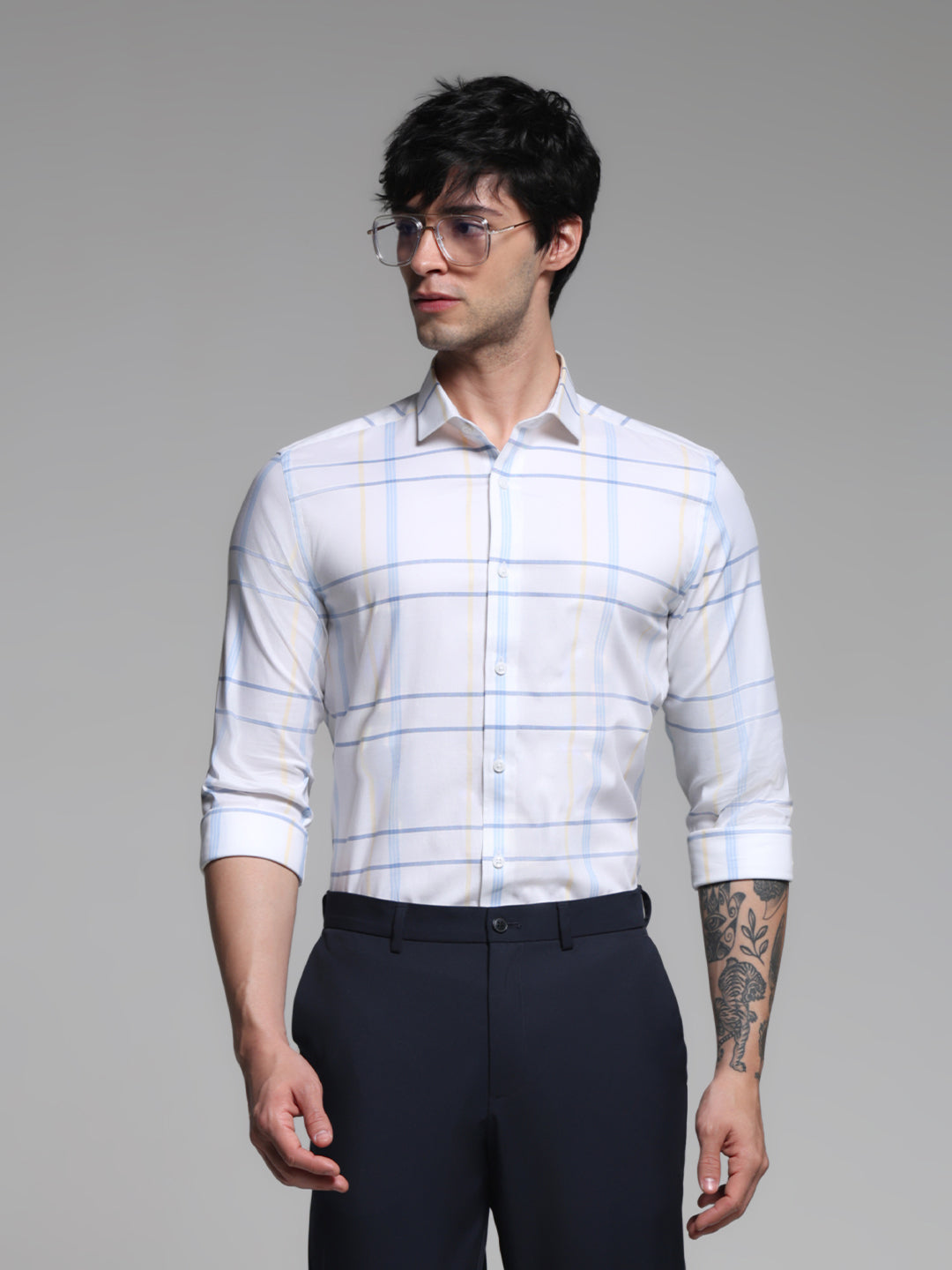 White Check Print Slim Fit Shirt - 2XL