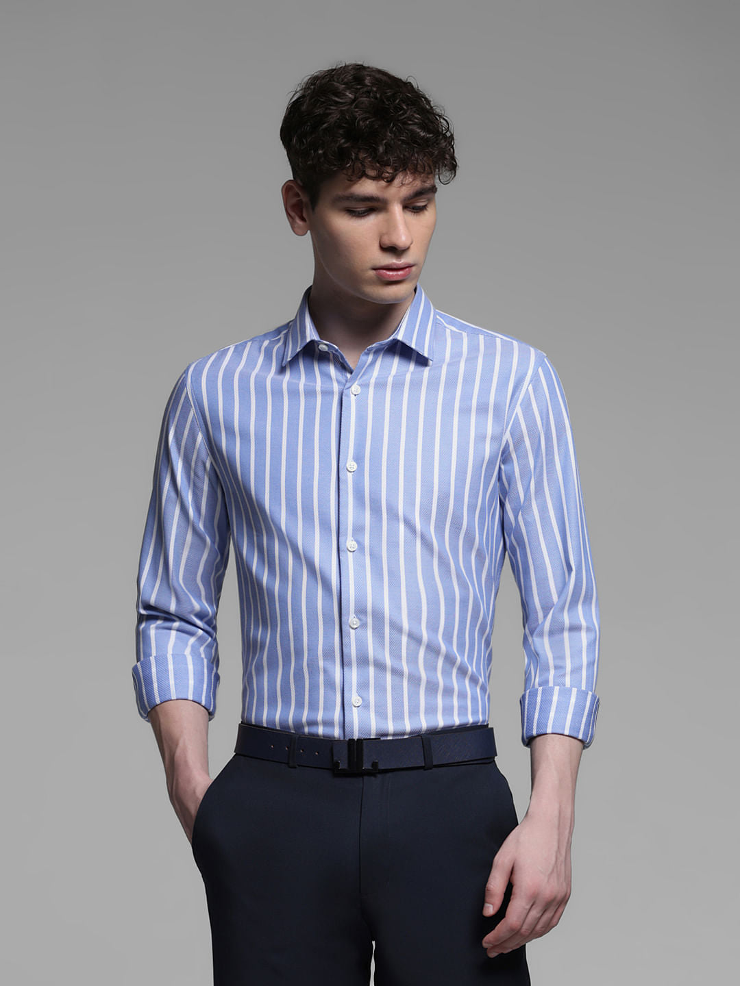 BLUE DOBBY STRIPED SHIRT - S