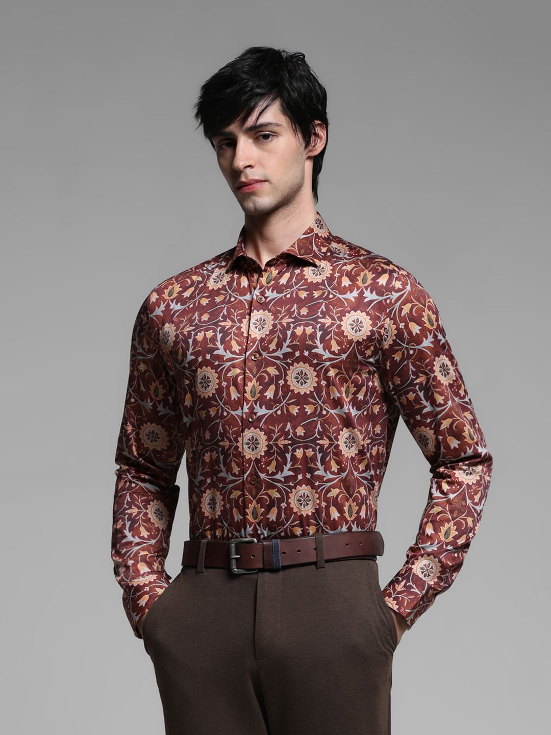 Brown Printed Cotton Full Sleeves Shirt - M