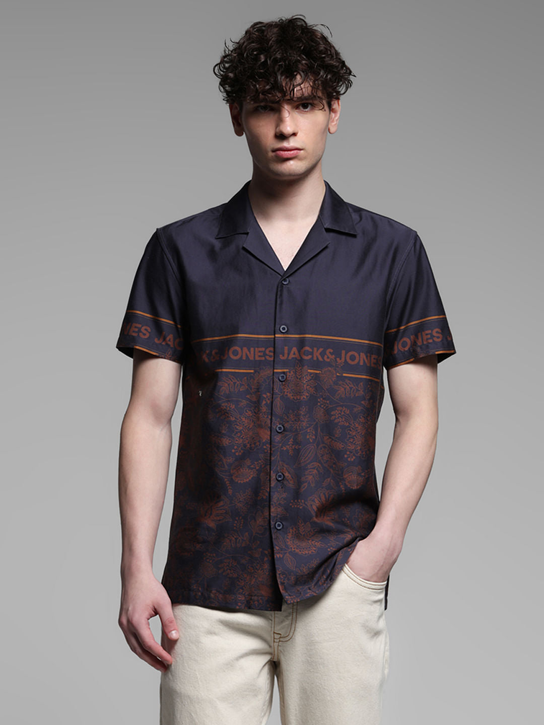 Dark Blue Floral Short Sleeves Shirt
