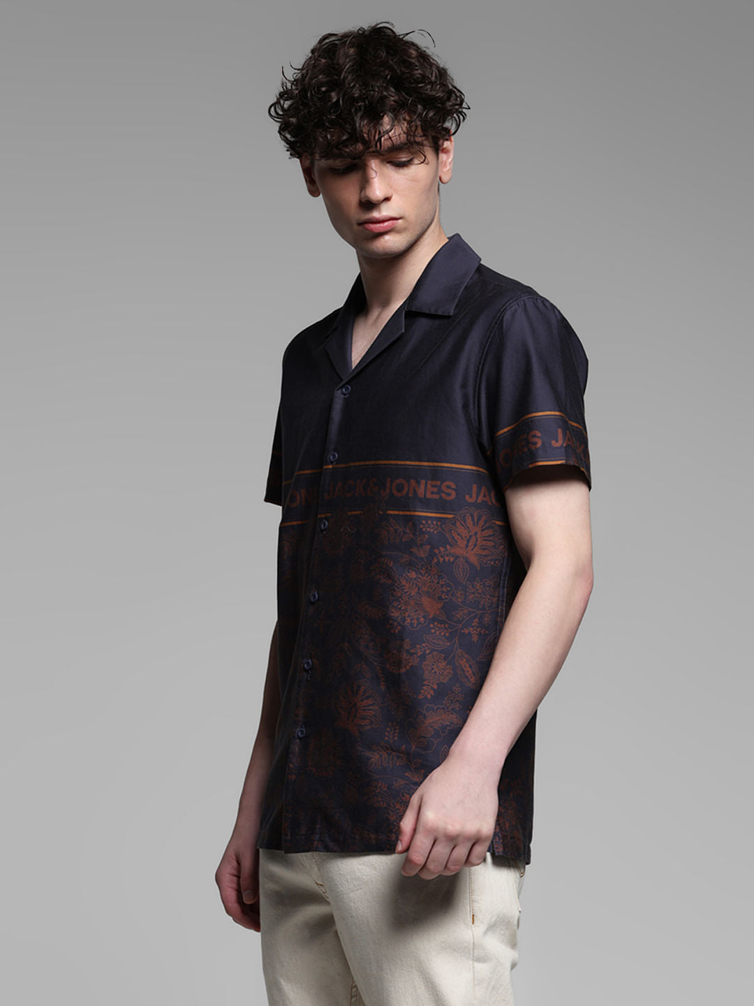 Dark Blue Floral Short Sleeves Shirt