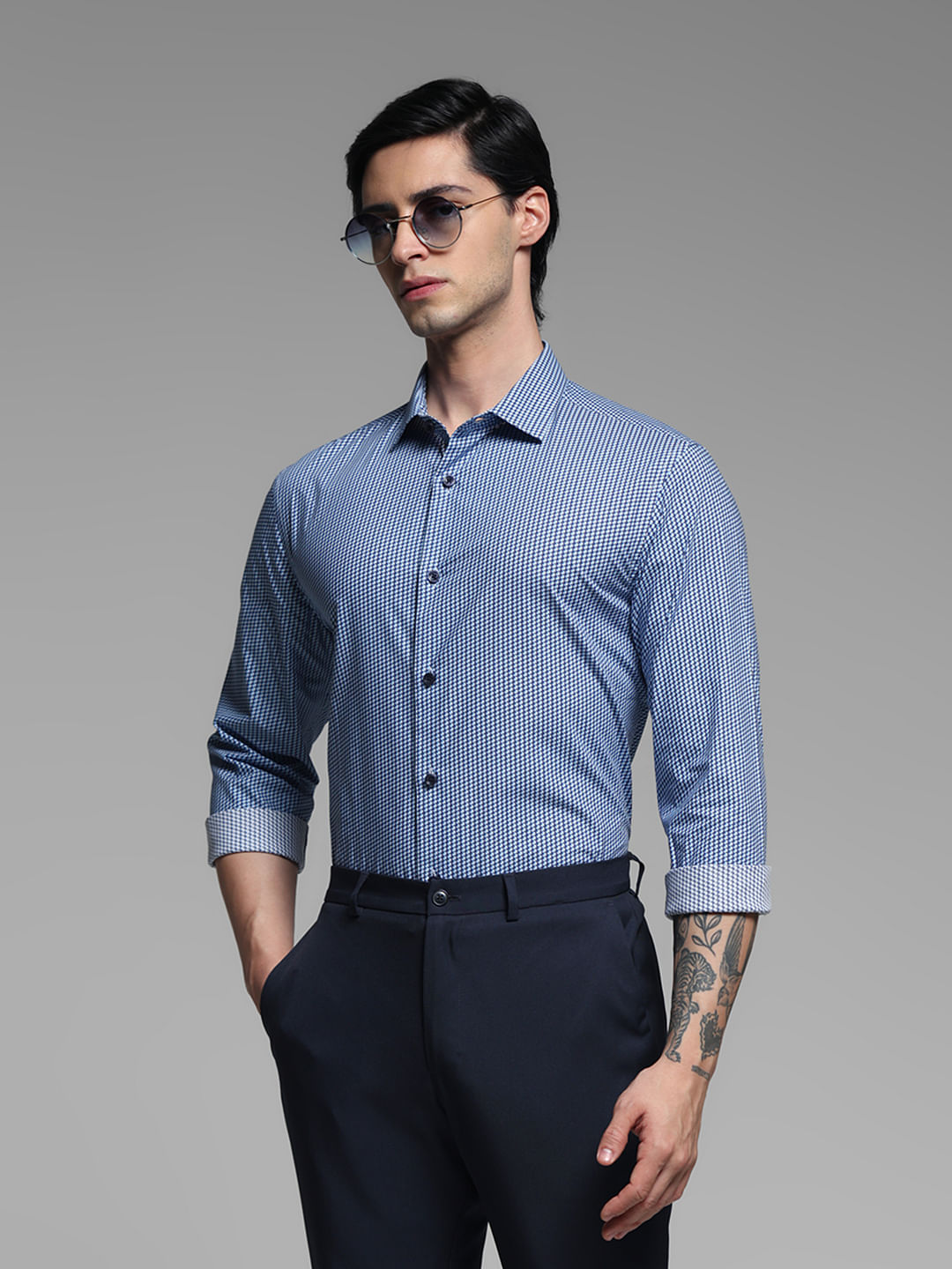 Blue Dobby Full Sleeves Shirt - M