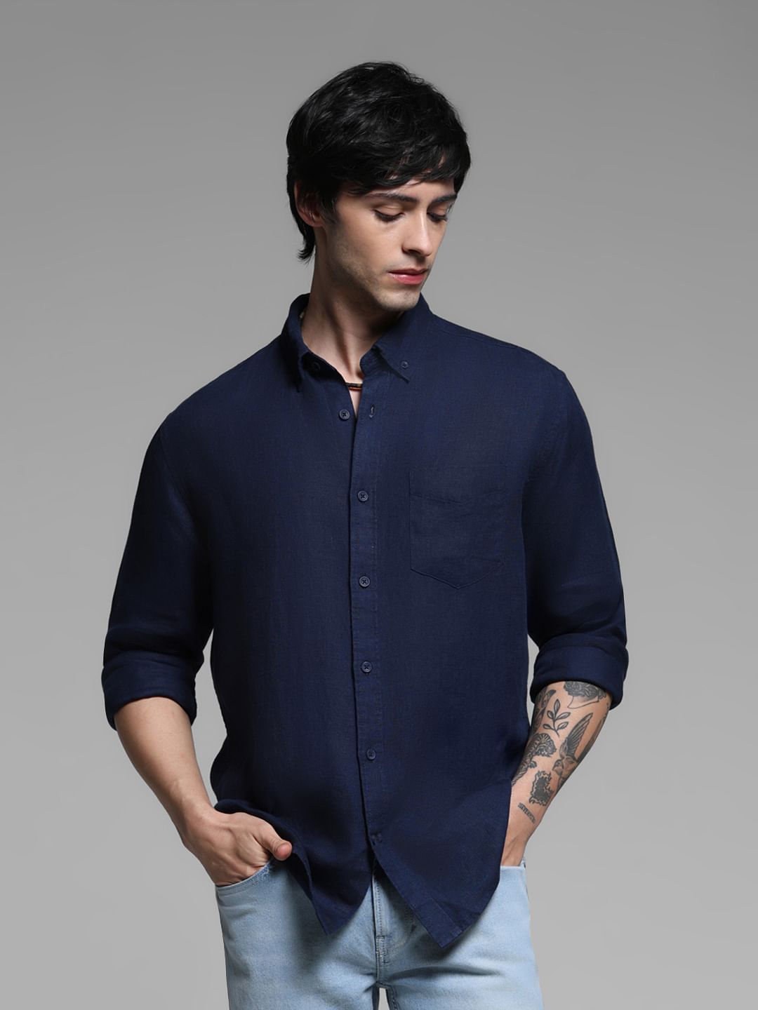 Dark Blue Linen Full Sleeves Shirt - S