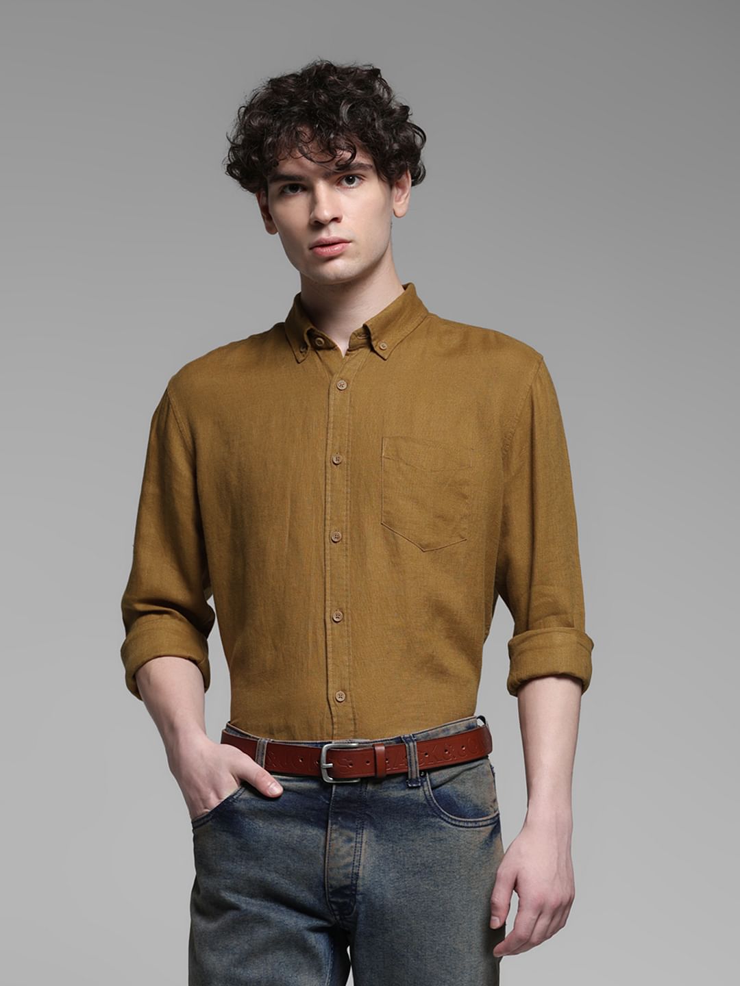 Brown Washed Linen Shirt - S