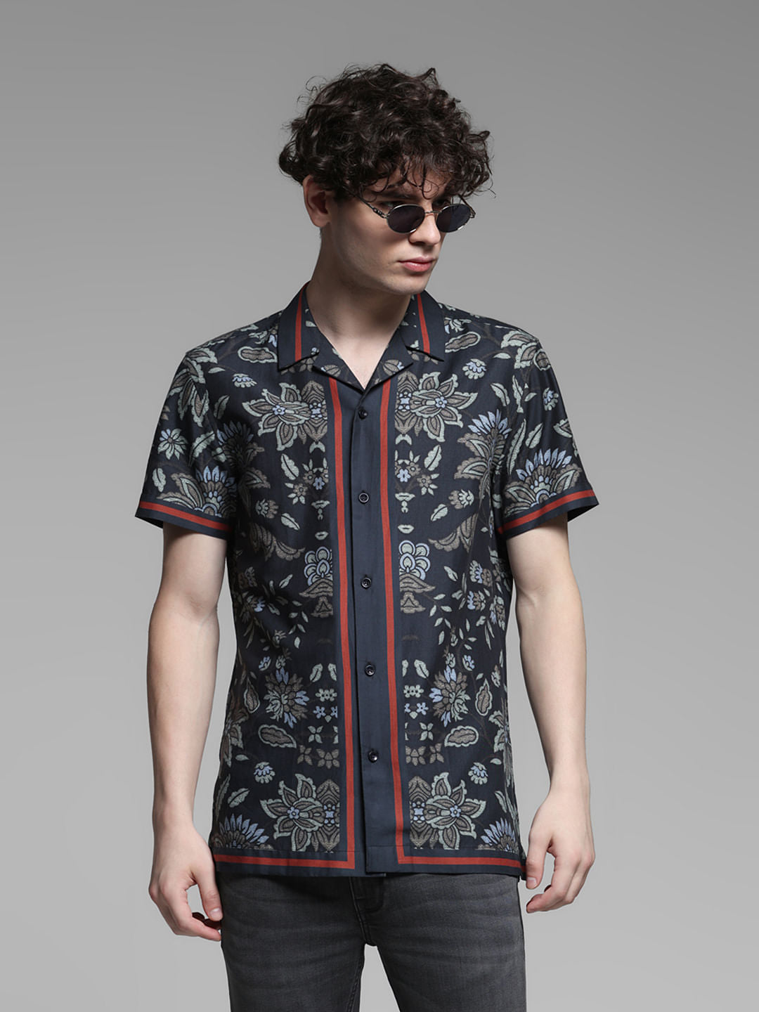 Dark Blue Floral Print Tencel Shirt - S