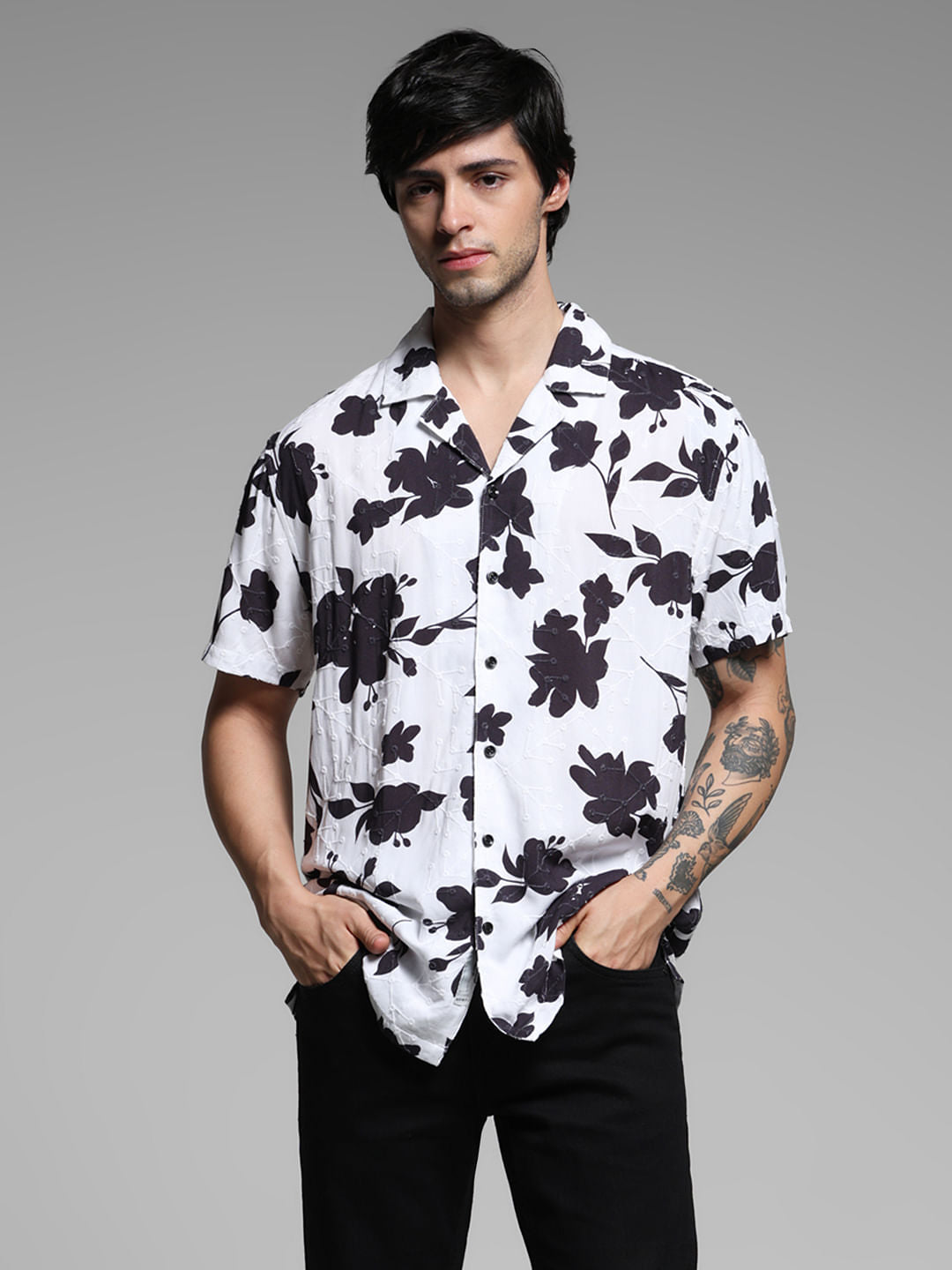 White Floral Print Short Sleeves Shirt