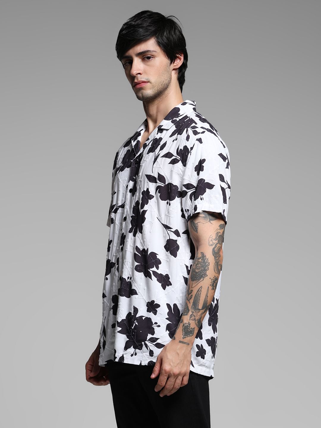 White Floral Print Short Sleeves Shirt