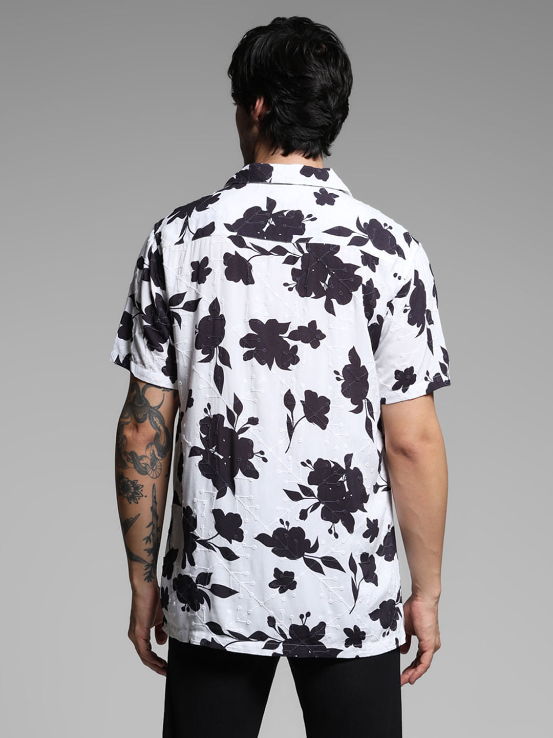 White Floral Print Short Sleeves Shirt