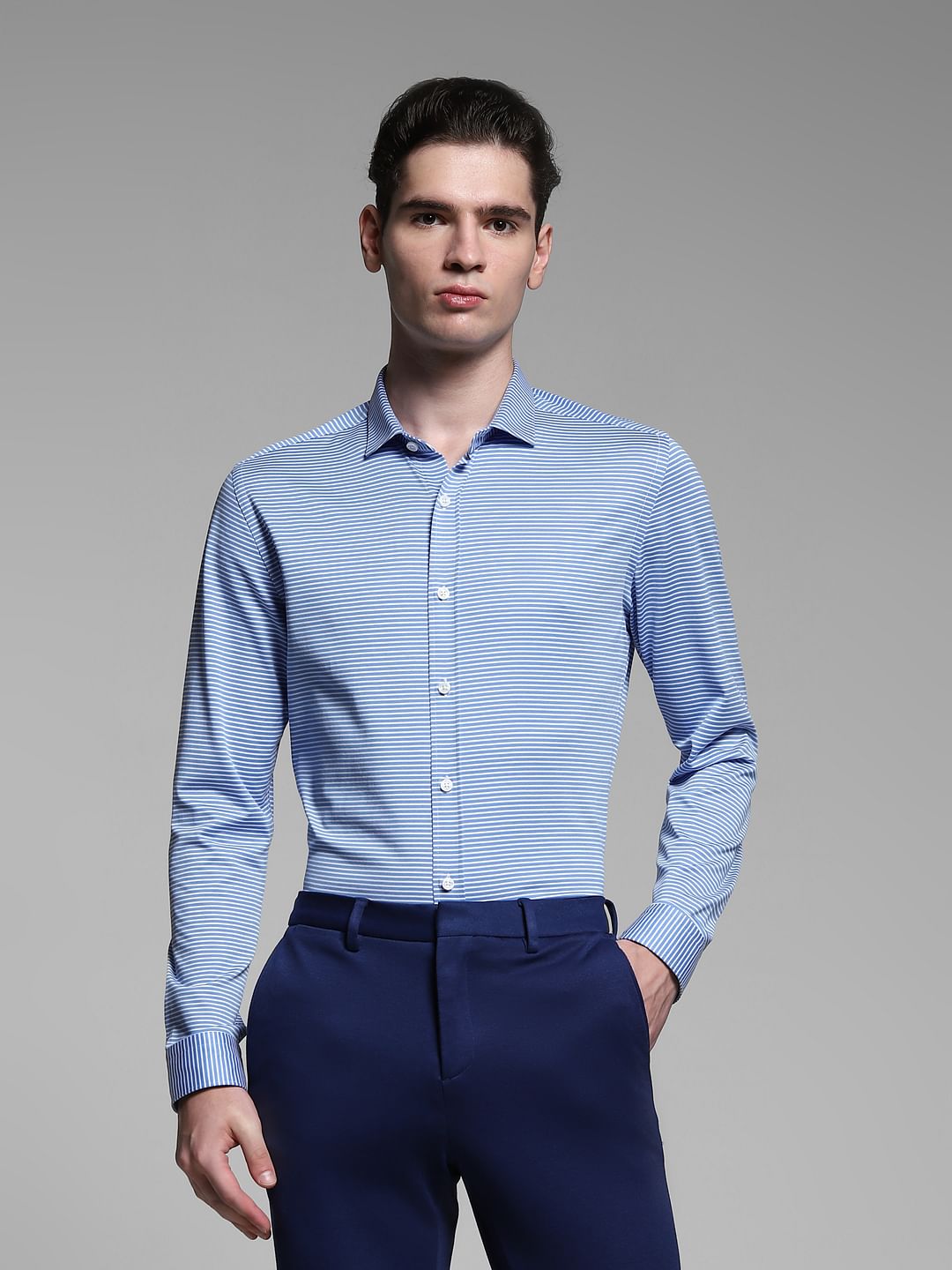 Light Blue Striped Full Sleeves Shirt - M