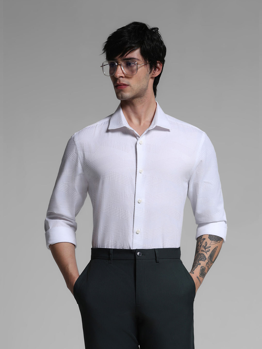 White Dobby Full Sleeves Shirt