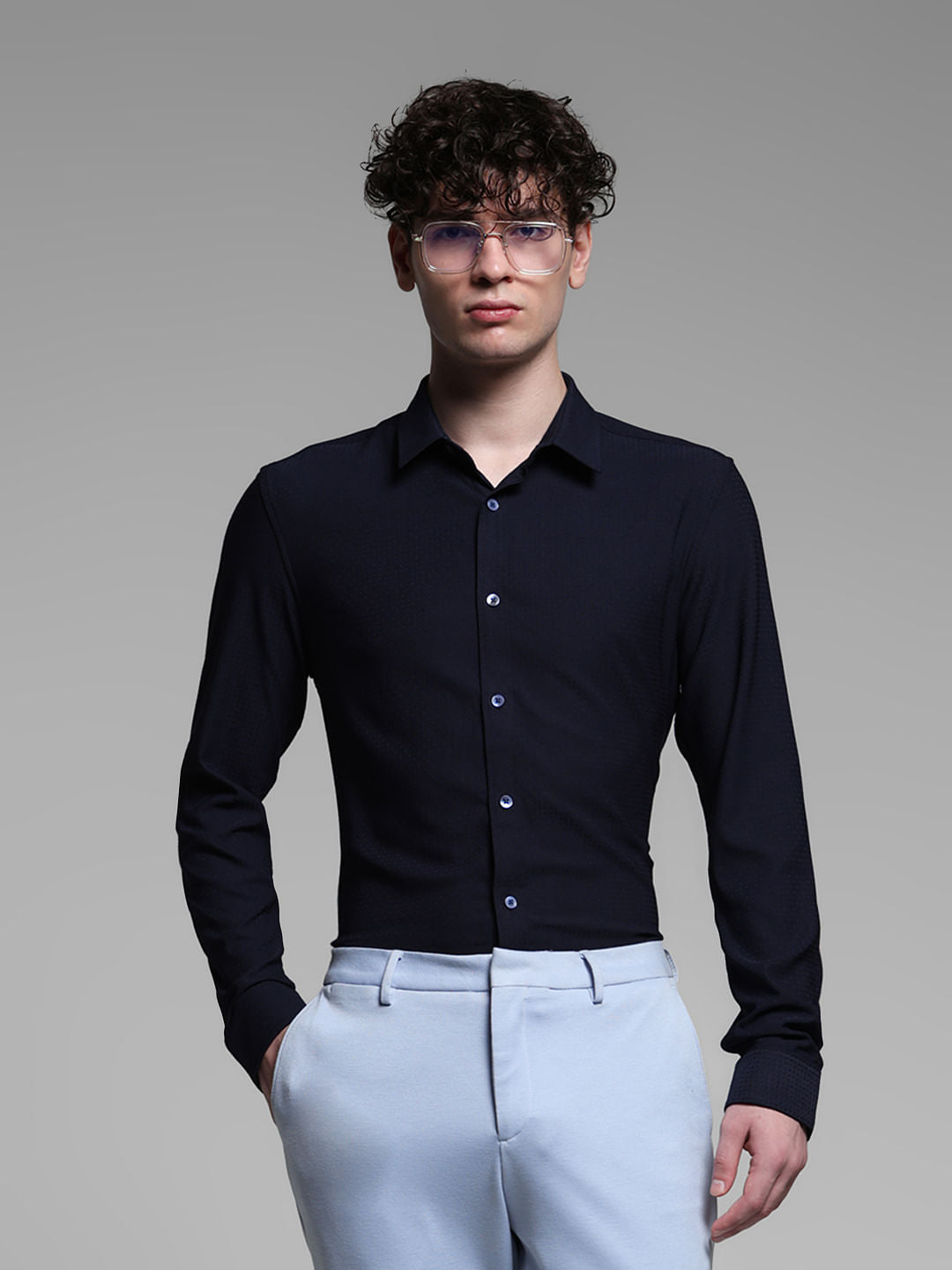 Dark Blue Dobby Full Sleeves Shirt - XXL