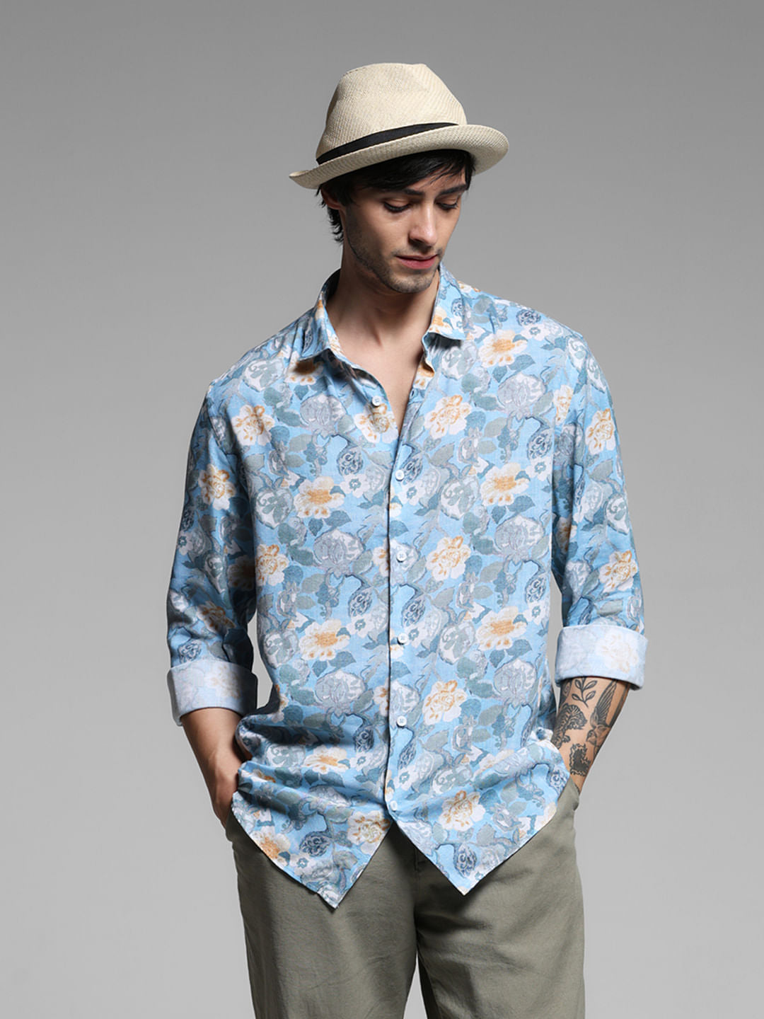 Blue Floral Print Lyocell Linen Shirt - S