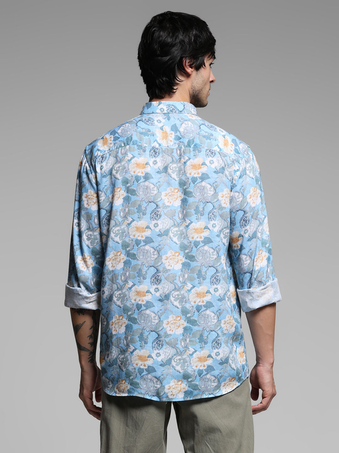 Blue Floral Print Lyocell Linen Shirt