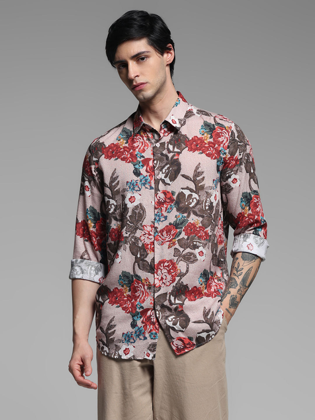 LIGHT BROWN FLORAL SHIRT