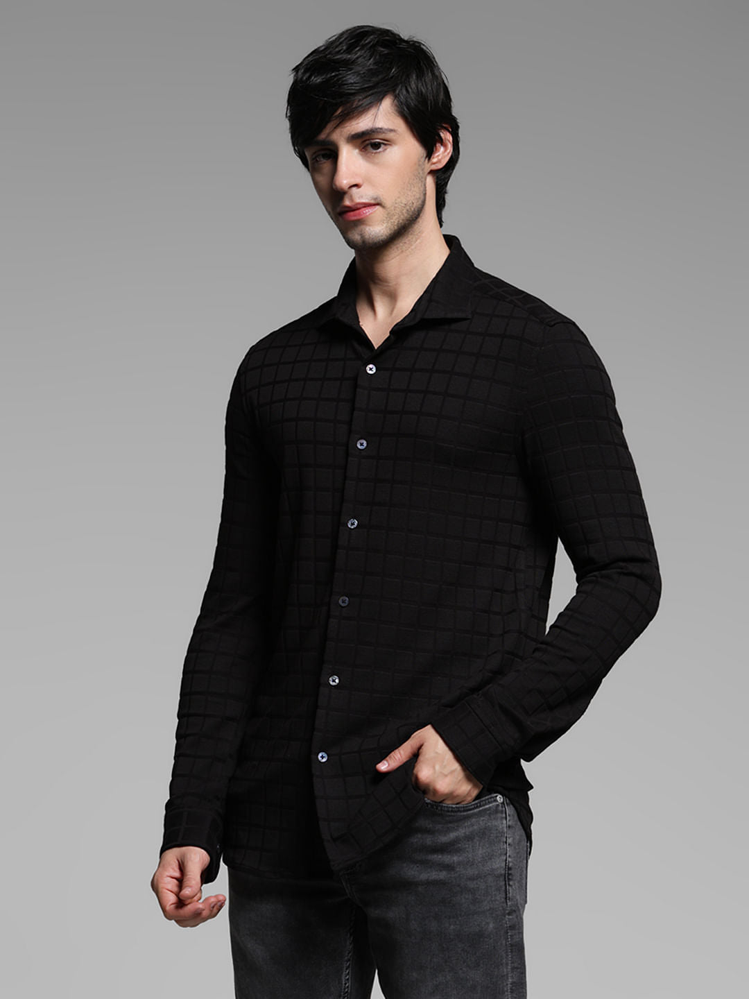 Black Knitted Full Sleeves Shirt
