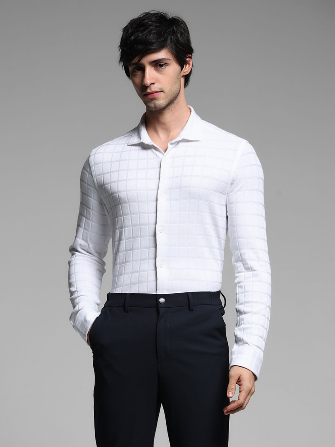 White Knitted Full Sleeves Shirt