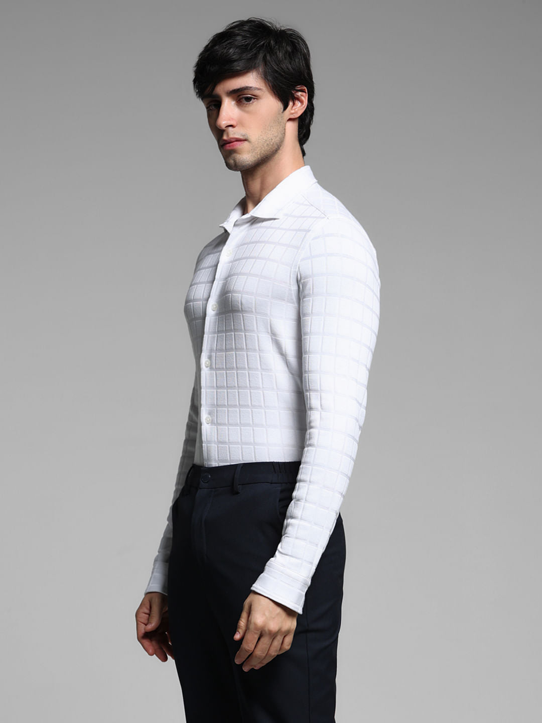 White Knitted Full Sleeves Shirt
