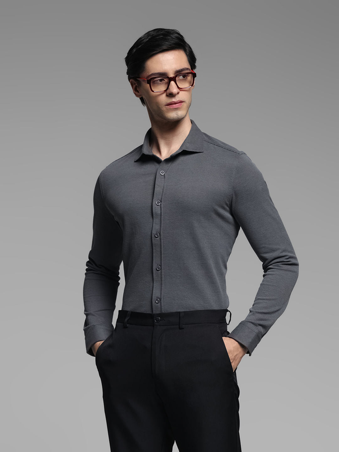 Dark Grey Knitted Full Sleeves Shirt - S