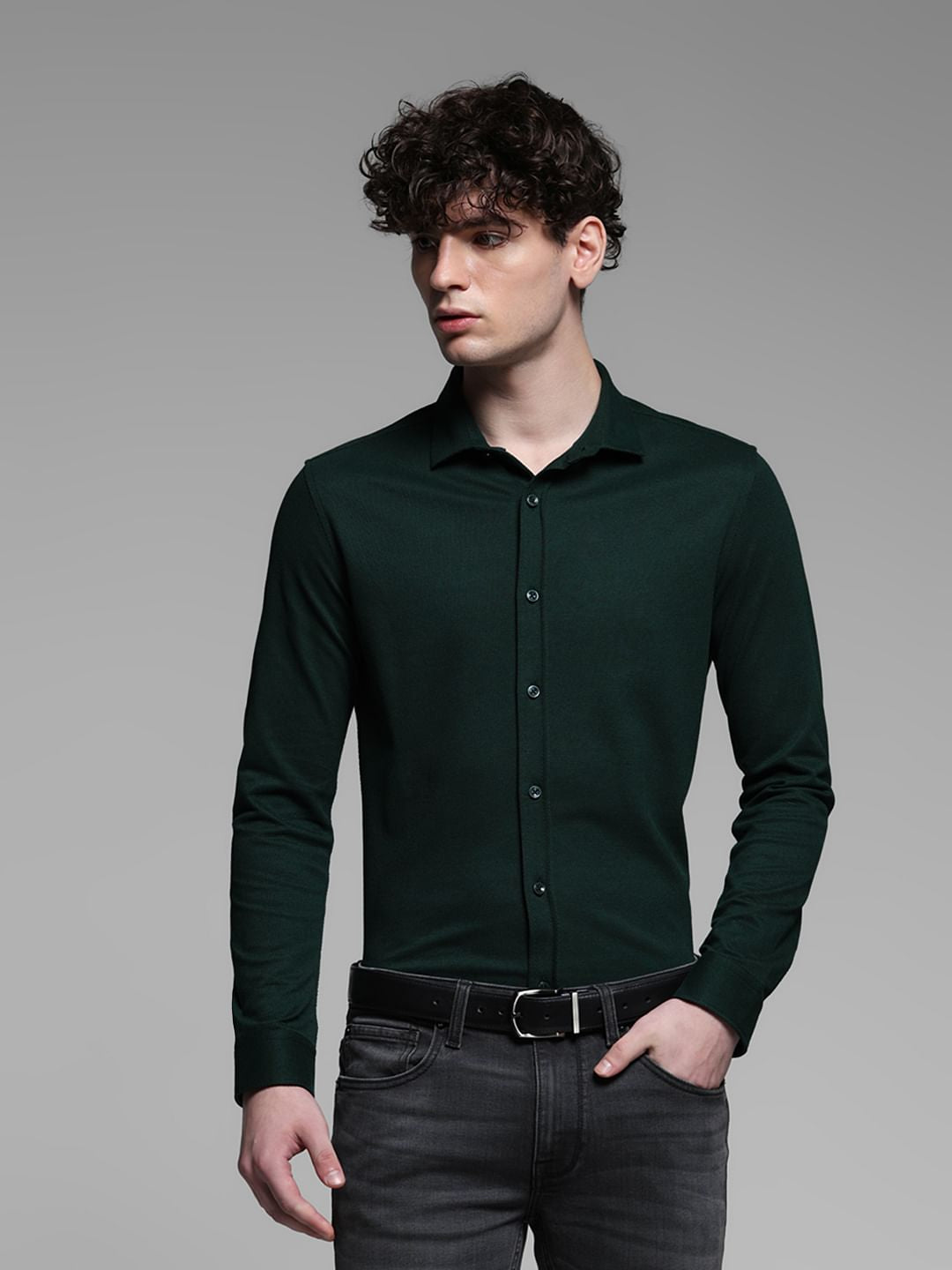Green Knitted Full Sleeves Shirt - S