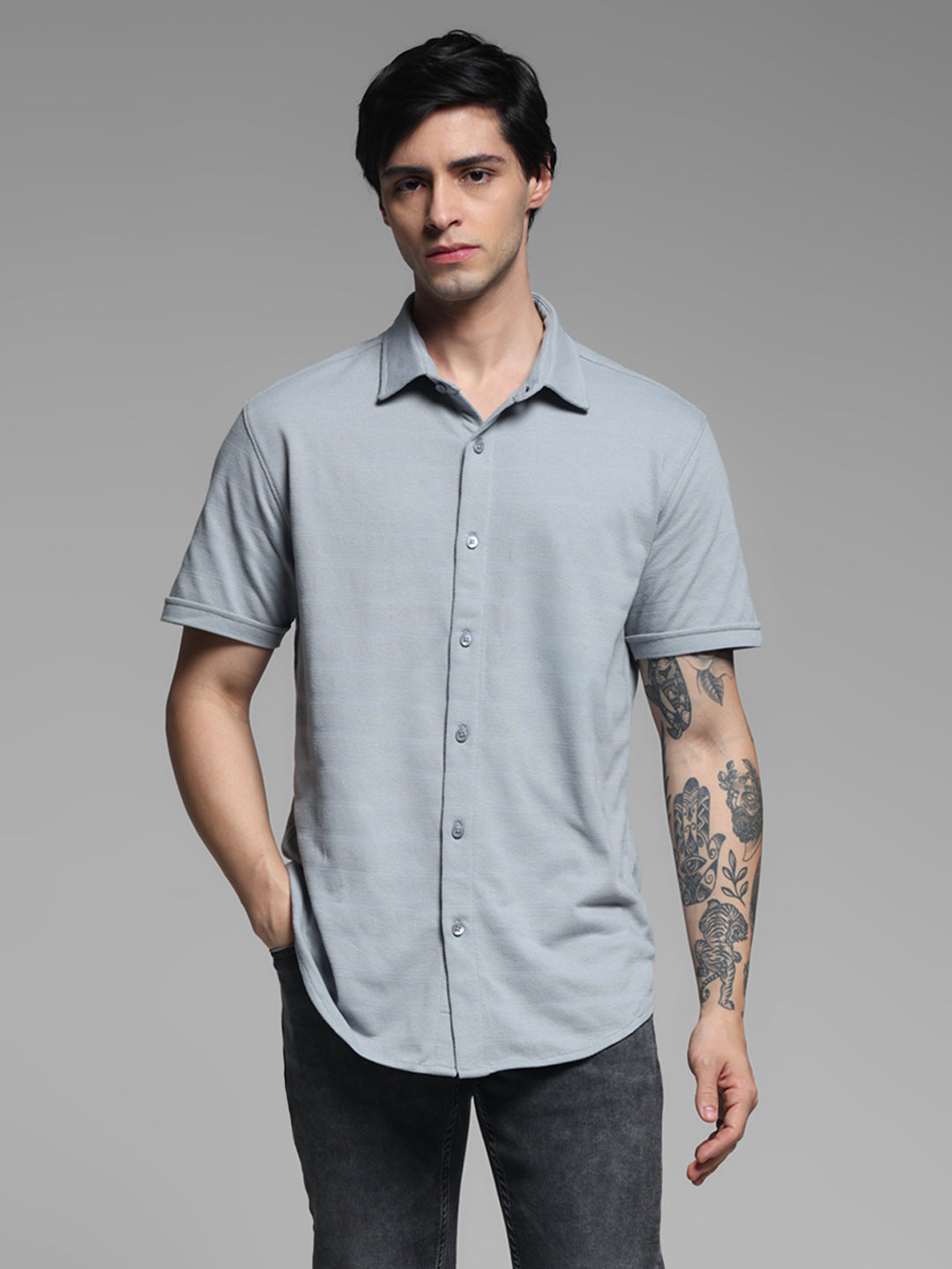 Men's Quarry Grey Slim Fit Knitted Solid Shirt