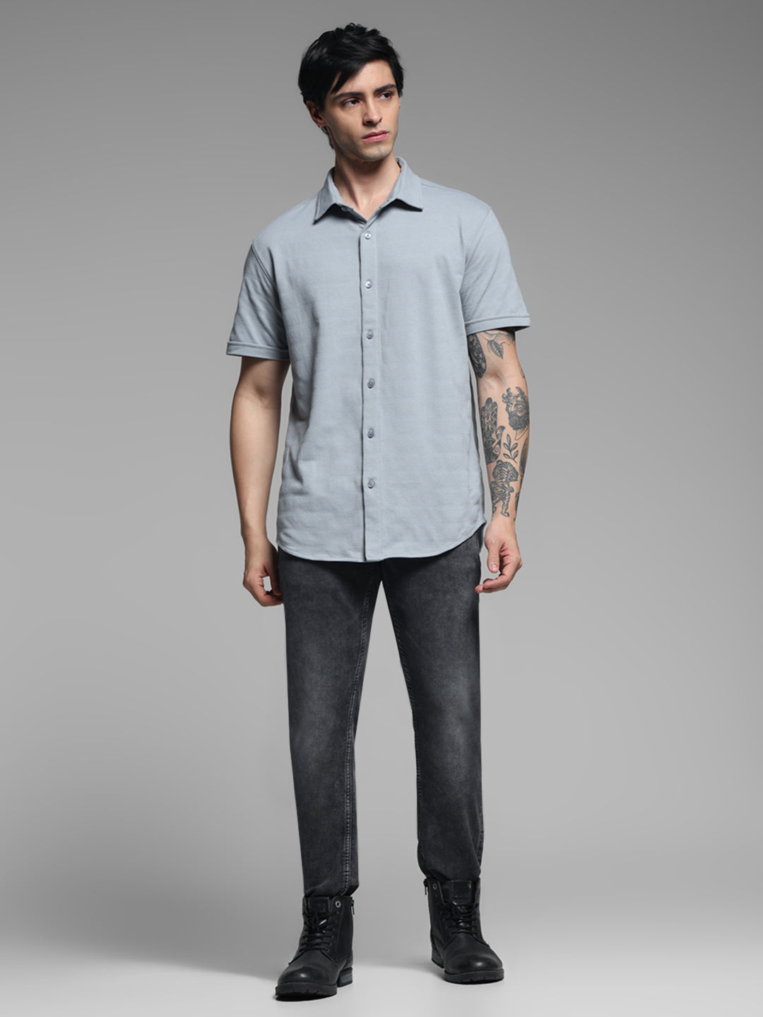 Men's Quarry Grey Slim Fit Knitted Solid Shirt