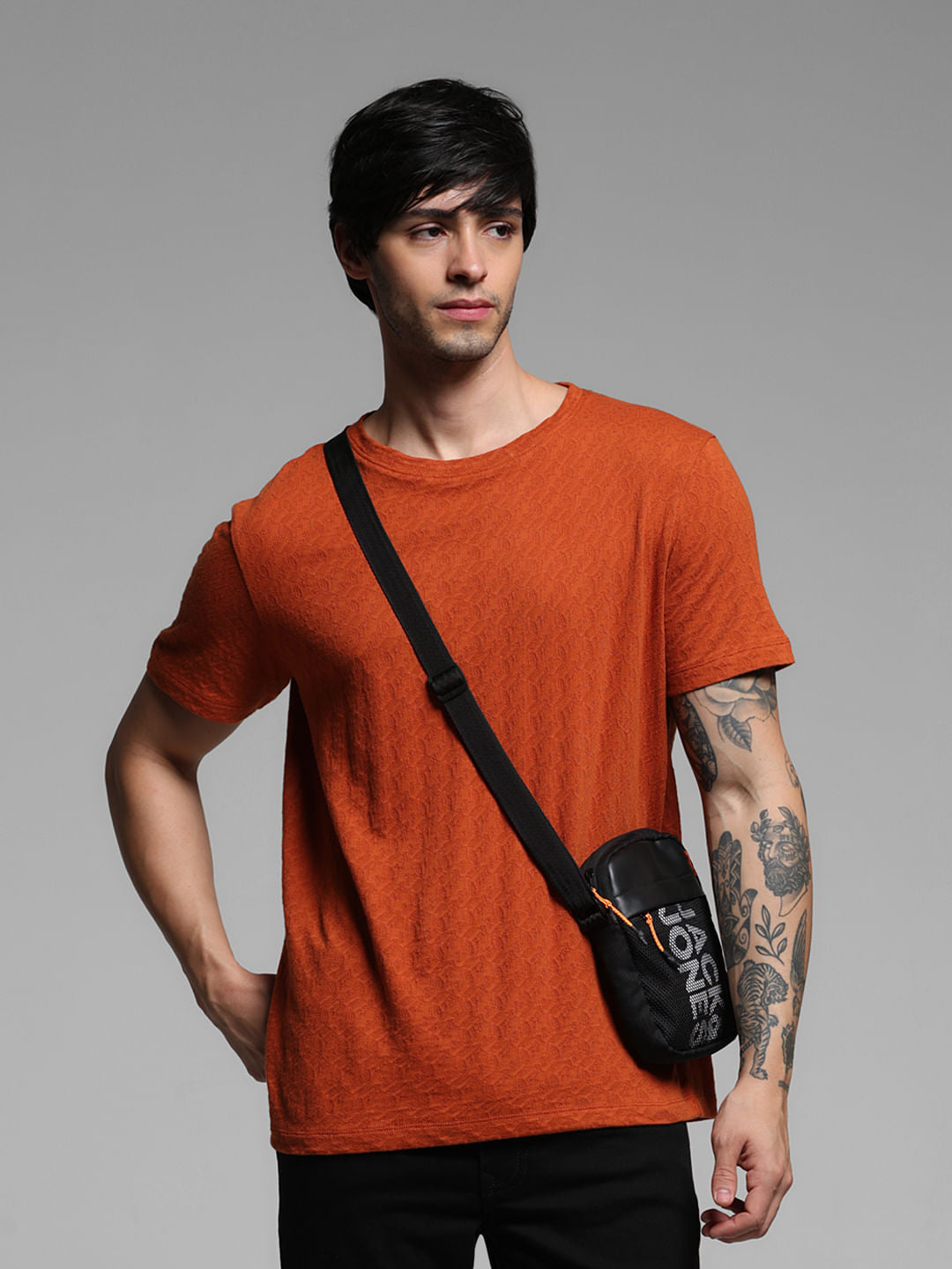 BROWN COTTON CREW NECK T-SHIRT - S
