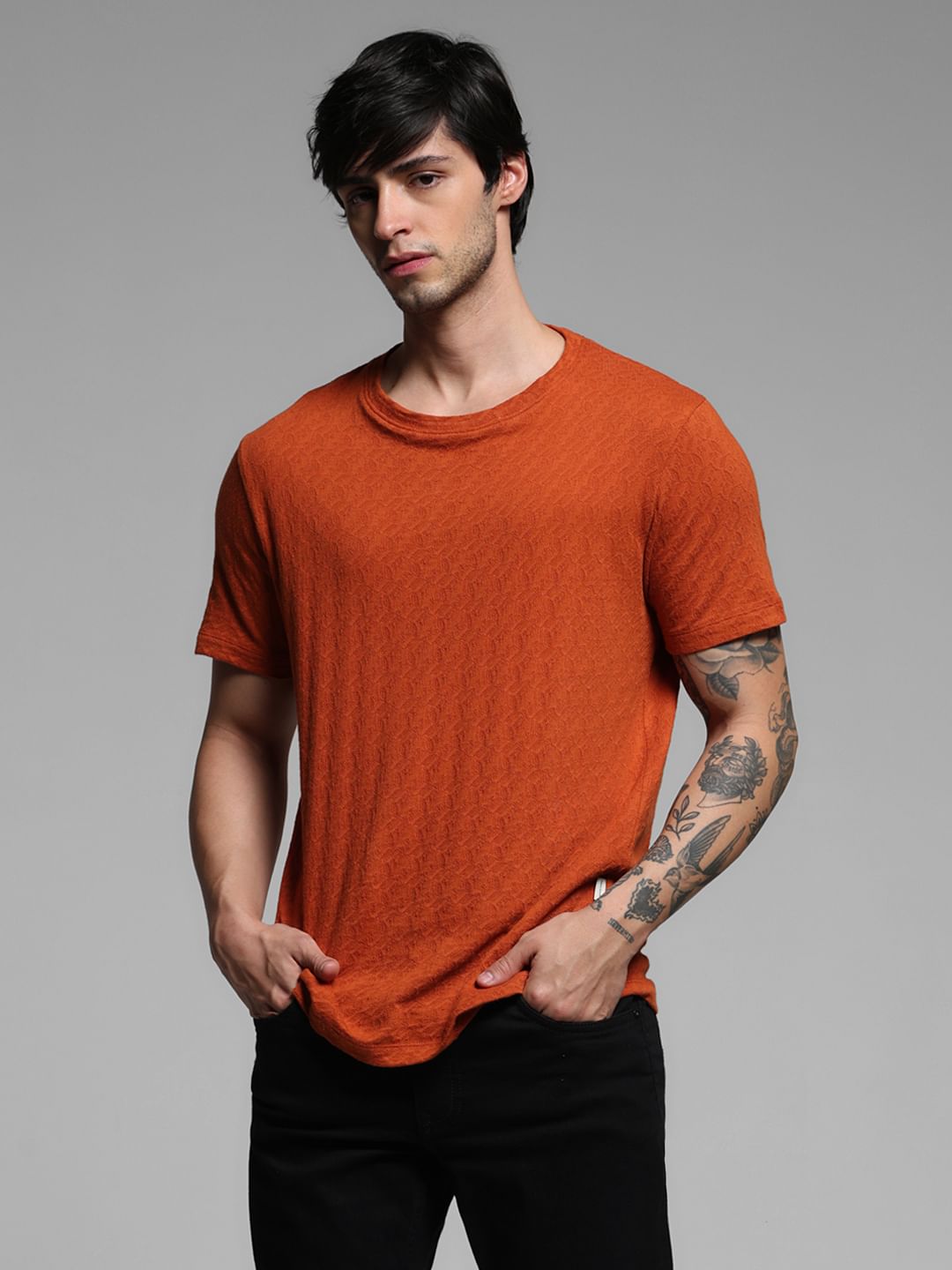 BROWN COTTON CREW NECK T-SHIRT