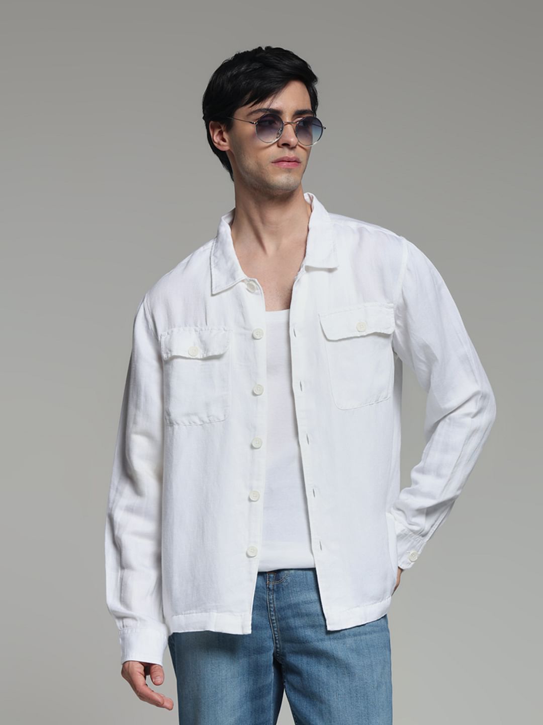 White Linen Blend Oversized Shirt - L