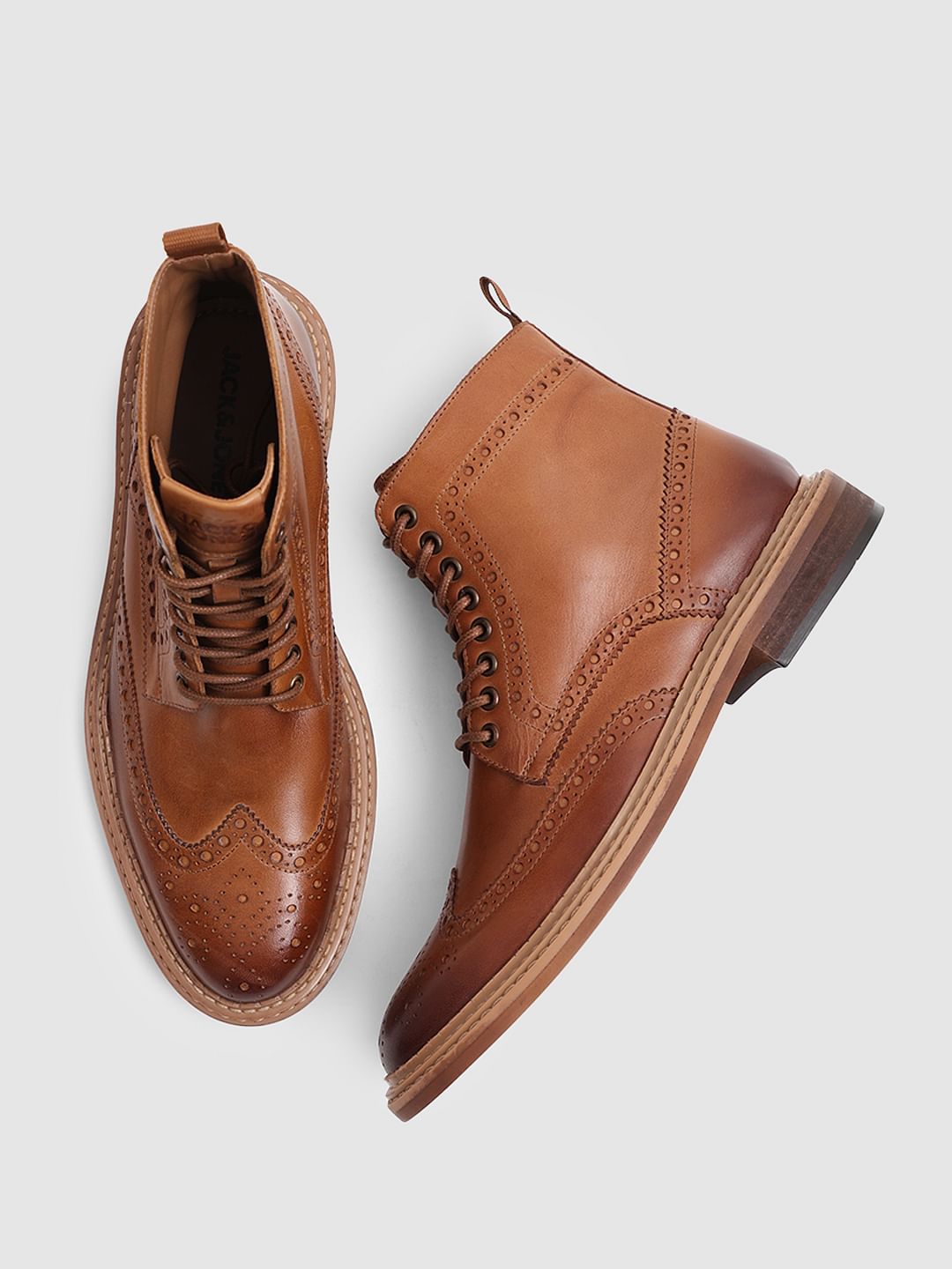 Brown Brogue Wingtip Leather Boots