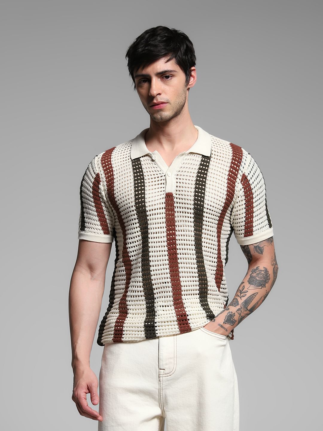 Cream Striped Knitted Polo - S