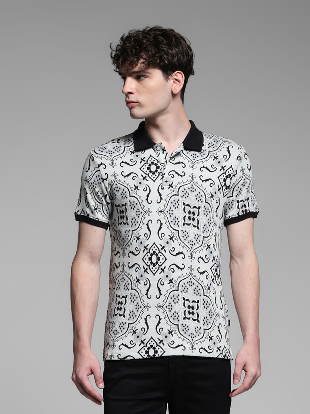 White Jacquard Printed Polo